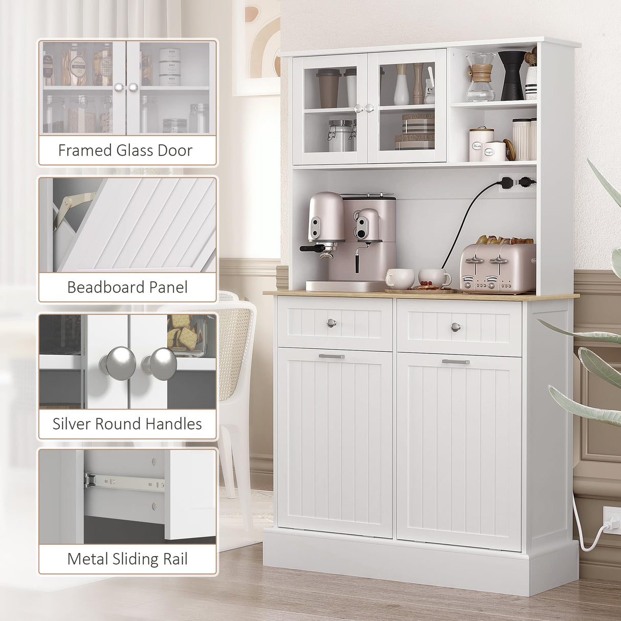 HOMCOM 68" Kitchen Pantry Storage Cabinet with Charging Station, 2 Tilt Out 10 Gallon Trash Can Cabinets and Drawers, Freestanding Kitchen Hutch with Glass Doors and Adjustable Shelf, White HOMCOM