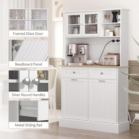 HOMCOM 68" Kitchen Pantry Storage Cabinet with Charging Station, 2 Tilt Out 10 Gallon Trash Can Cabinets and Drawers, Freestanding Kitchen Hutch with Glass Doors and Adjustable Shelf, White HOMCOM