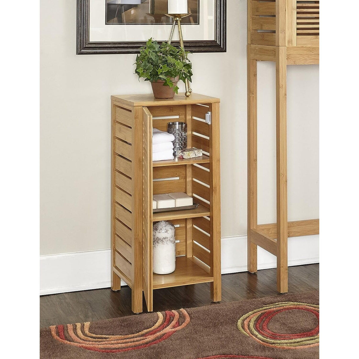 Linon Bracken 3 Shelf 1 Door Bathroom Storage Floor Cabinet, Bamboo Natural Bamboo Linon