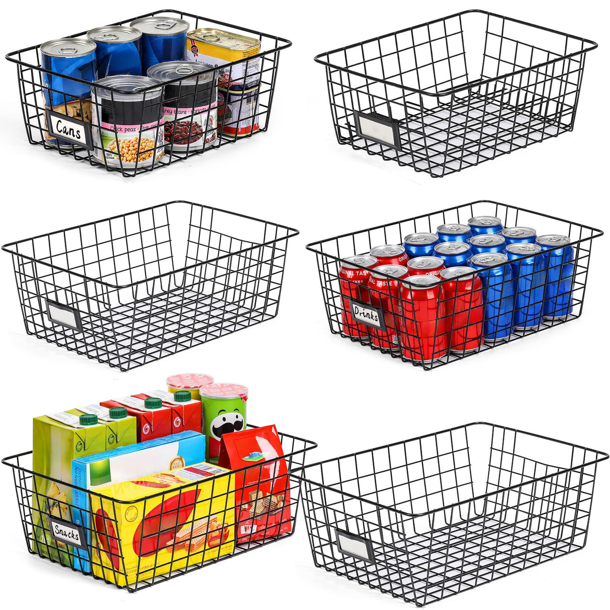 6 Pack Wire Baskets for Pantry Organization and Storage, Kitchen Organizer, 2 XXLarge & 2 XLarge & 2 Large VITEVER