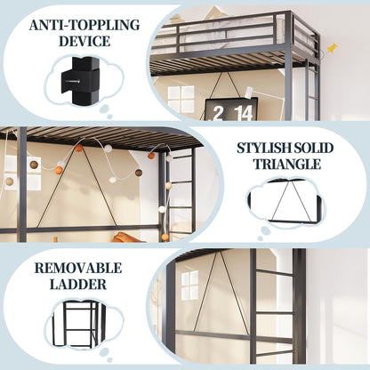 SUNLEI Twin Loft Bed with Removable Ladder, Black Metal Frame and Safety Guard for Small Spaces - WoodArtSupply