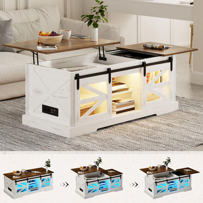 Farmhouse Coffee Table, Lift Top Coffee Table with Gun Cabinet, 2 Sliding Barn Doors-Large Storage and 3 Color LED Lights fit Modern Rectangular Rustic Living Room Center Table,White