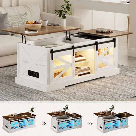 Farmhouse Coffee Table, Lift Top Coffee Table with Gun Cabinet, 2 Sliding Barn Doors-Large Storage and 3 Color LED Lights fit Modern Rectangular Rustic Living Room Center Table,White FREDEES