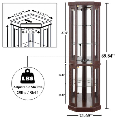 nifoti 69" H Lighted Curio Cabinet Corner Display Case,Corner Glass Cabinet with Tempered Glass Door and Adjustable Shelves,Wooden Curio case with Mirrored Back Pane (Style 2 - Dark Cherry)