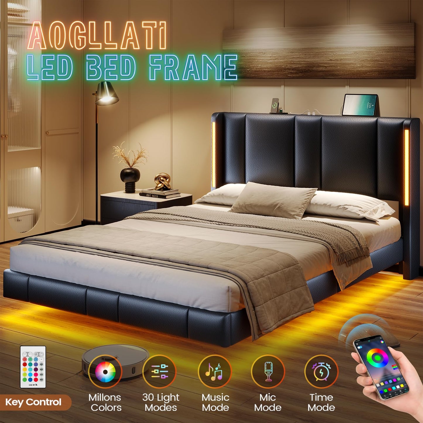 AOGLLATI Queen Floating Bed Frame with LED Lights and USB Charging Stations - WoodArtSupply