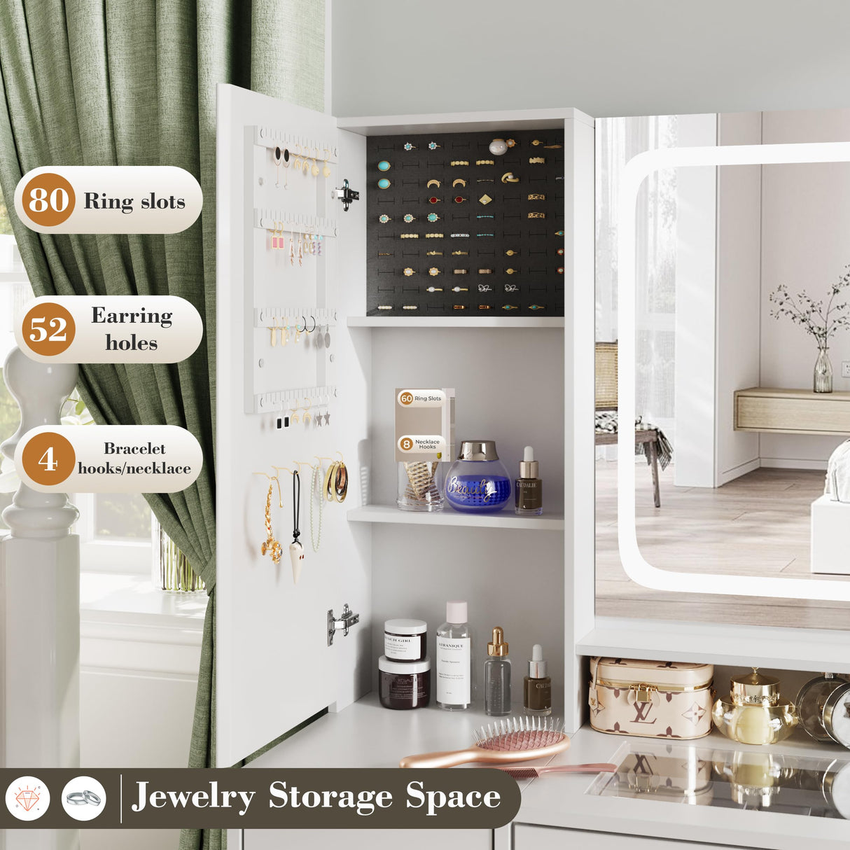 Makeup Vanity Desk Mirror with Lights, White Vanity Desk with Glass Top, Makeup Vanity with Power Outlet, Dressing Table with Jewelry Cabinet, 3 Drawers, Vanity for Women Maupvit