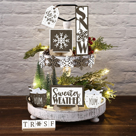 Jetec 12 Pieces Christmas Tiered Tray Decor Set Snowflake Wooden Sign Let It Snow Table Decorations Farmhouse Coffee Bar Signs Winter Tray Decor for Home Kitchen Tabletop(Wood Color) Jetec