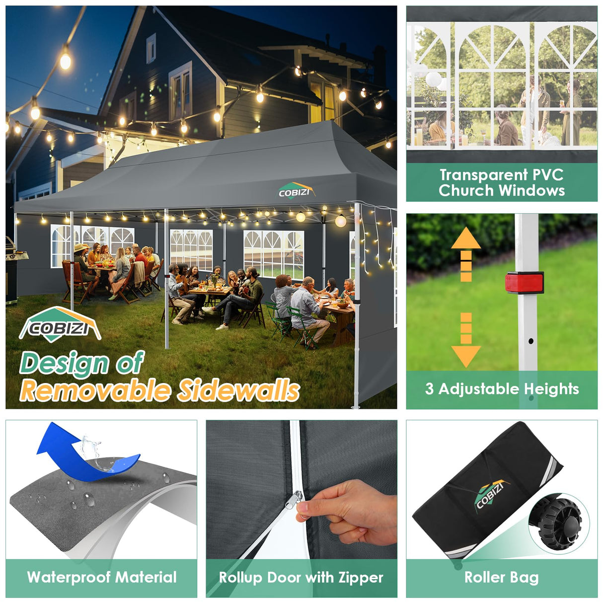 COBIZI 10x30 Pop Up Canopy Tent with 8 Removable Sidewalls EZ POP Up Party 10x30 Canopy Tent Waterproof and UPF50+,Outdoor canopy tents for Parties Wedding Events,with Roller Bag & Sandbags(gray COBIZI