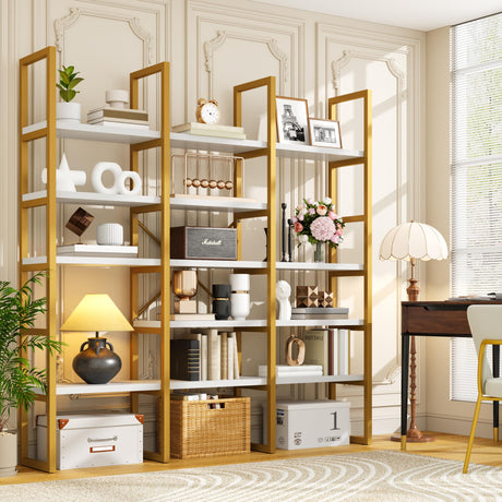 Semoic Large Bookshelf 5 Tiers, Triple Wide Geometric Bookcase, 71 Inches Tall Industrial Book Shelves Etagere Book Case, Sturdy Metal Frame, Freestanding Display Shelving Unit (Gold and White) Semoic