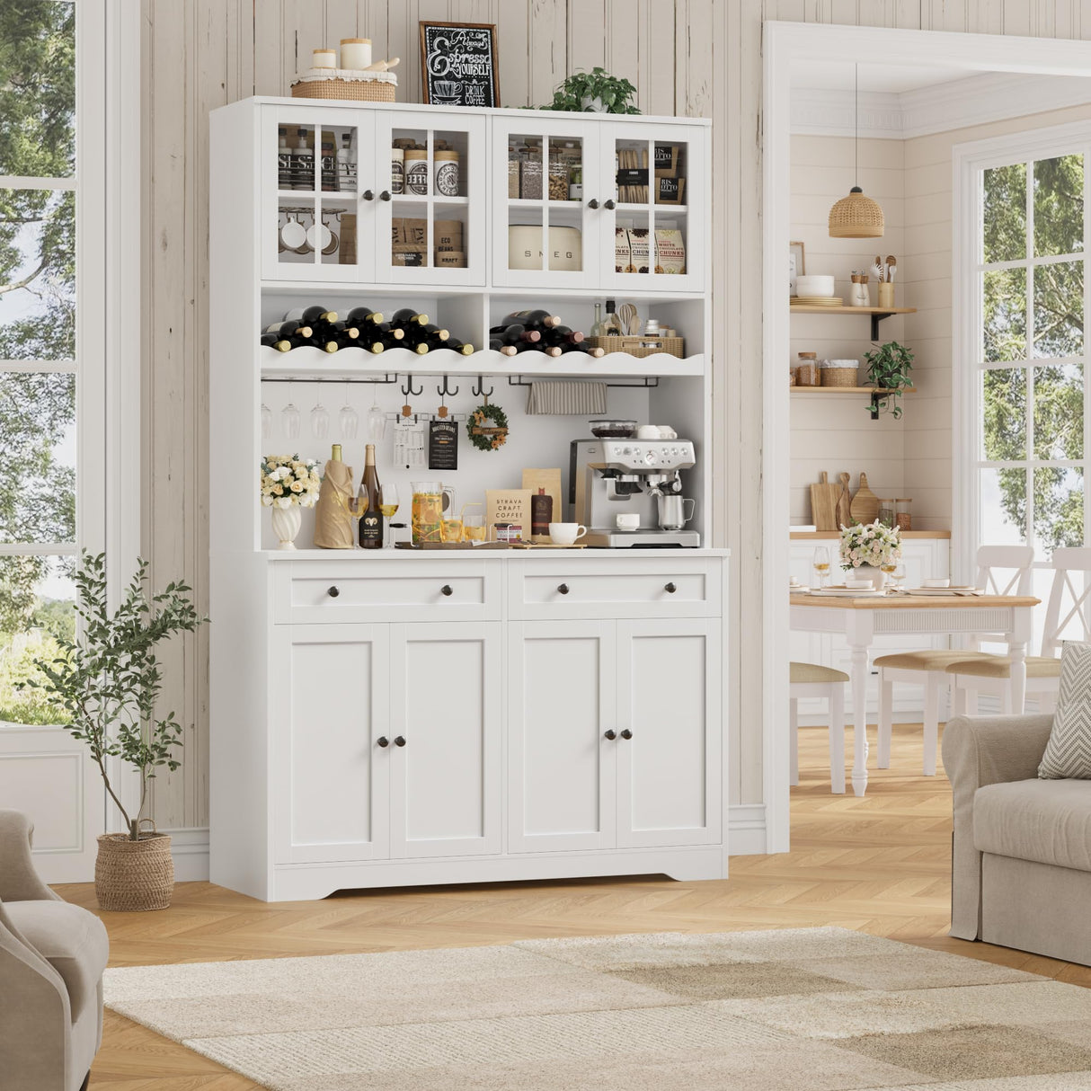 HOSTACK 75.4" Tall Kitchen Pantry Cabinet with Charging Station, Modern White Kitchen Hutch with Microwave Stand and Wine Racks, Large Food Pantry Storage Cabinet with Glass Doors and Drawers, White HOSTACK