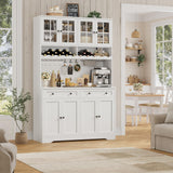 HOSTACK 75.4" Tall Kitchen Pantry Cabinet with Charging Station, Modern White Kitchen Hutch with Microwave Stand and Wine Racks, Large Food Pantry Storage Cabinet with Glass Doors and Drawers, White HOSTACK