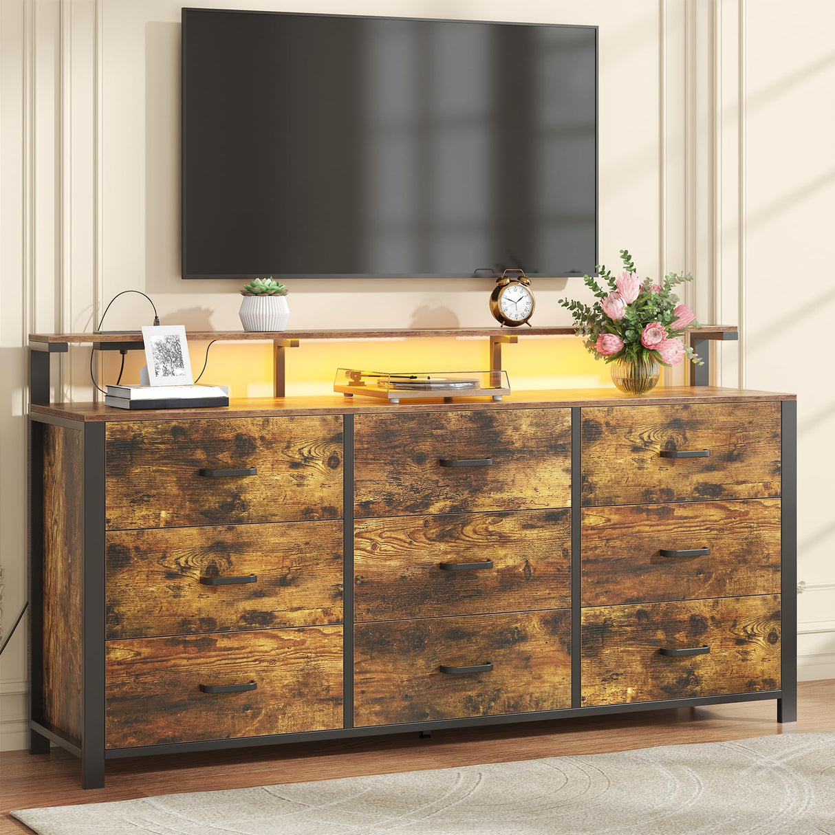 Frmobepts 63'' Rustic Brown Dresser for Bedroom, 9 Drawer Dresser with Power Outlet and Led Lights, Bedroom Furniture with Wooden Drawer and Metal Frame, TV Stand with Deep Drawer Storage Frmobepts