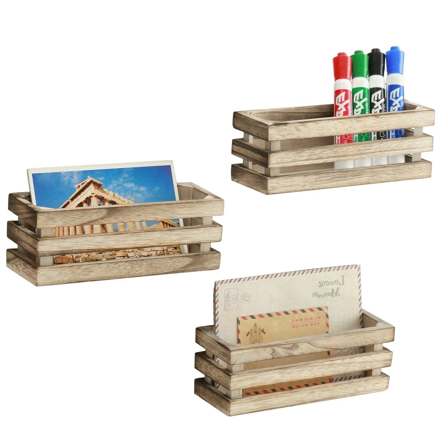 MyGift 3 Pack Burnt Wood Mini Magnetic Storage Box, Dry Erase Marker Holder for Whiteboard, Desktop Office Supplies Organizer Crates