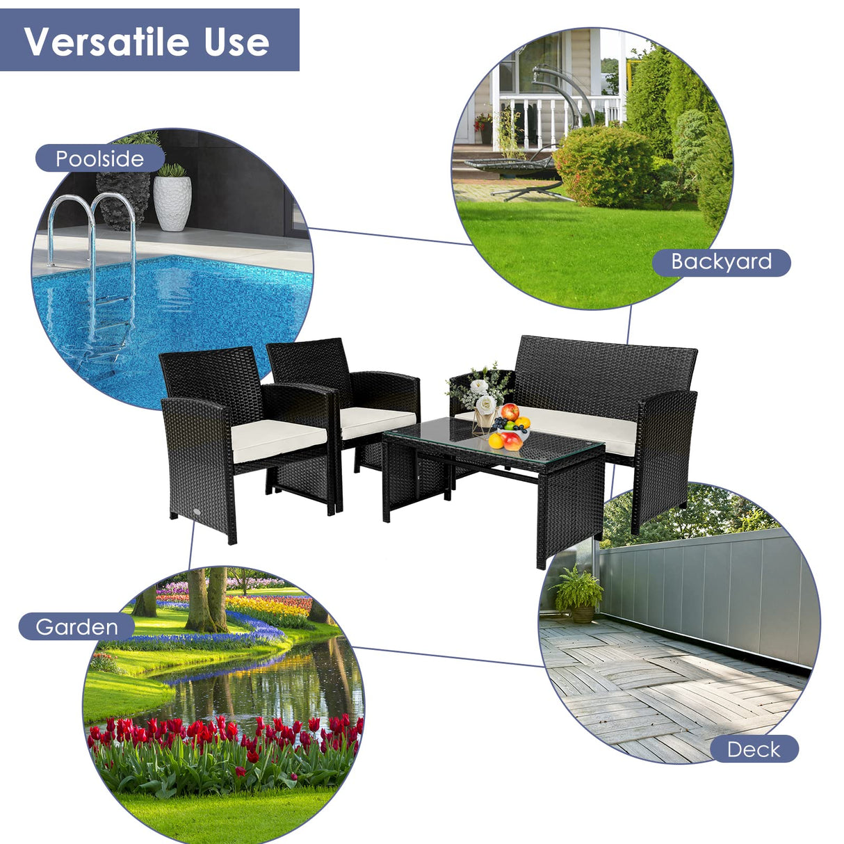 COSTWAY 4 Piece Patio Furniture Set, Outdoor PE Rattan Wicker Sectional Sofa with Cushion and Coffee Table, Patio Conversation Sets for Balcony Lawn Porch Patio Backyard Garden Poolside, White COSTWAY