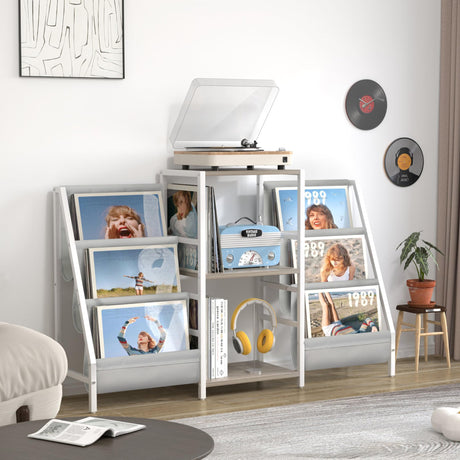 Record Player Stand with Vinyl Storage, Record Player Table with Record Storage 200 Albums, Turntable Stand with Record Holder Vinyl Display Shelf, Record Cabinet Media Stereo Tewinko