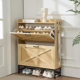 Chilihom Narrow Rattan Shoe Cabinet Storage for Entryway, Shoe Organizer with 2 Flip Drawers, Hidden Shoe Storage Slim Storage Cabinet Metal Legs, Farmhouse Free Standing Shoe Rack Cabinet, Natural Chilihom