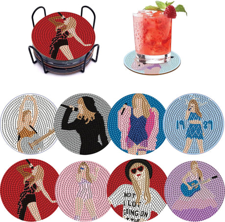 8 PCS Singer Diamond Art Coasters Kits, Pop Star Diamond Painting Coasters with Holder Set of 8, DIY Drink Coasters Art Crafts Supplies for Adults Cup Mat for Home Decor House Warming Gifts Non-Slip YSUNETER