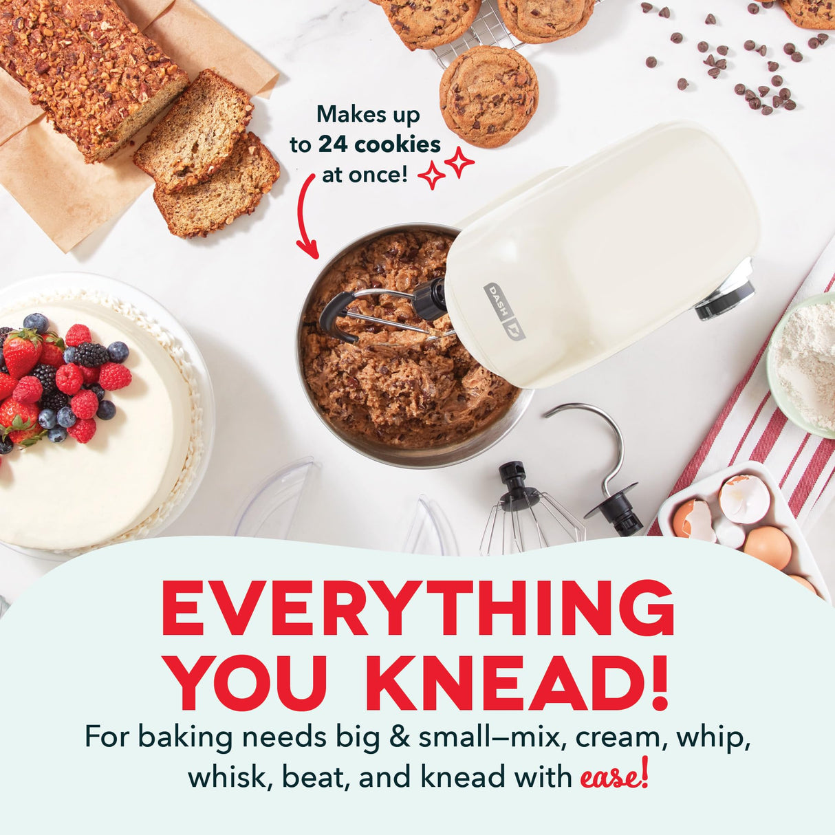 DASH Tilt-Head 3.5qt Stand Mixer 12 Speeds with Paddle, Dough Hook, and Whisk Attaachments - Cream DASH