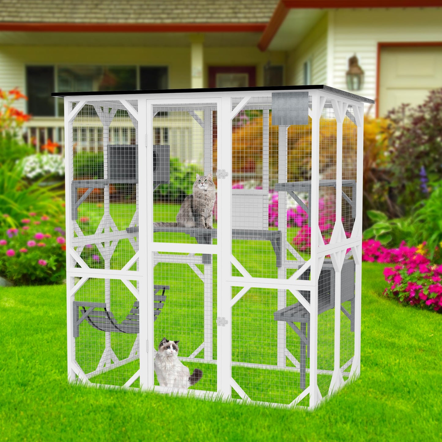 Large Wooden Catio, Outdoor Cat Enclosures for Multi Cats, 3-Tier Cat House with Swing, Resting Box, Cat Ball, Walk-in Cat Condo with Waterproof Roof, 64.9" L x 33.9" W x 69.6" H