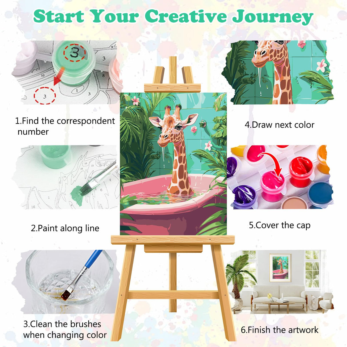 MEIYUDA Giraffe Paint by Numbers Kit, Giraffe in Bathtub Paint by Numbers for Adults Beginners, DIY Funny Animals Acrylic Oil Painting by Number on Canvas for Gift Home Wall Decor 12x16in MEIYUDA