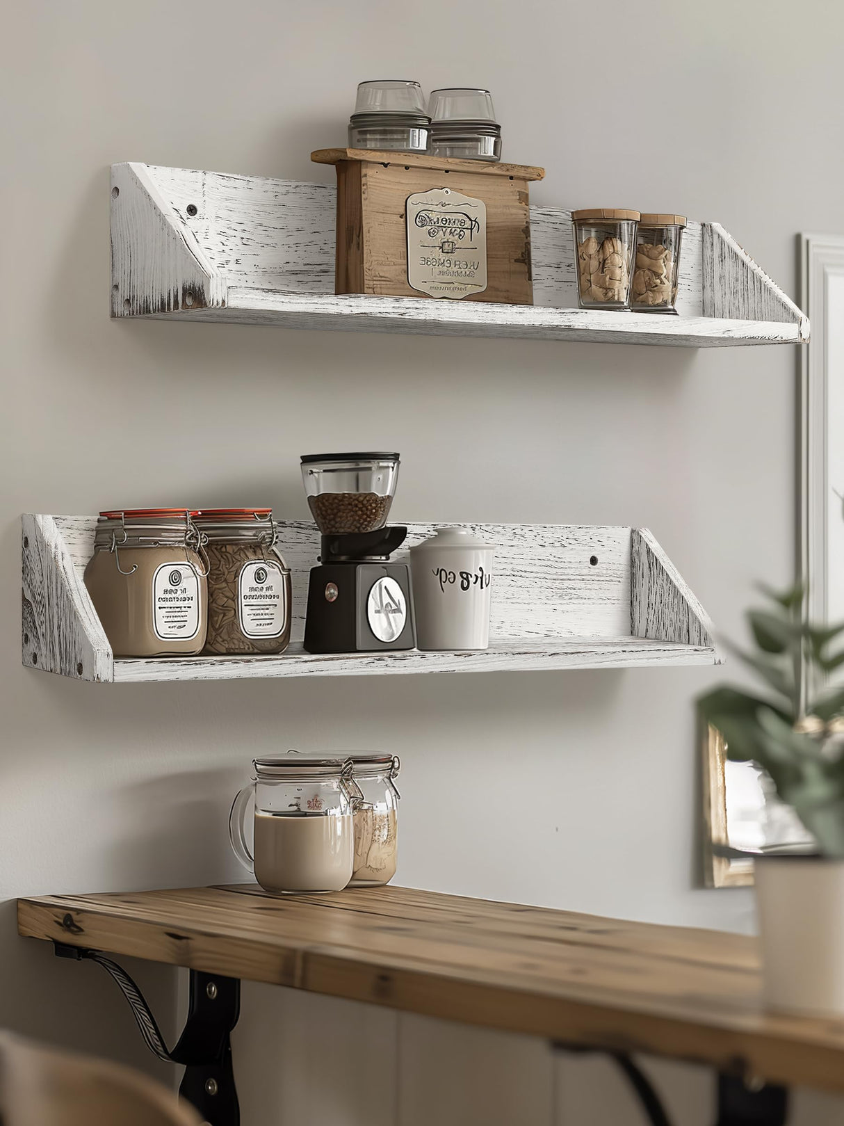 Gronda Kitchen Floating Shelves for Wall, Shabby Chic Wood Farmhouse Wall Mounted Shelf 2-Pack 24 Inches Whitewashed Shelves Hanging for Wall Gronda