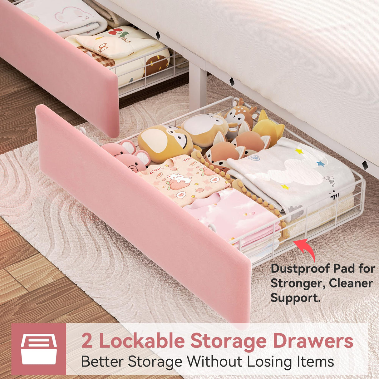 Full Upholstered LED Bed Frame with 2 Storage Drawers and 2-Tier Storage Headboard, Velvet Princess Platform Bed with Charging Station & Bookcase, Heavy Duty Metal Support, No Box Spring Needed, Pink Jocoevol