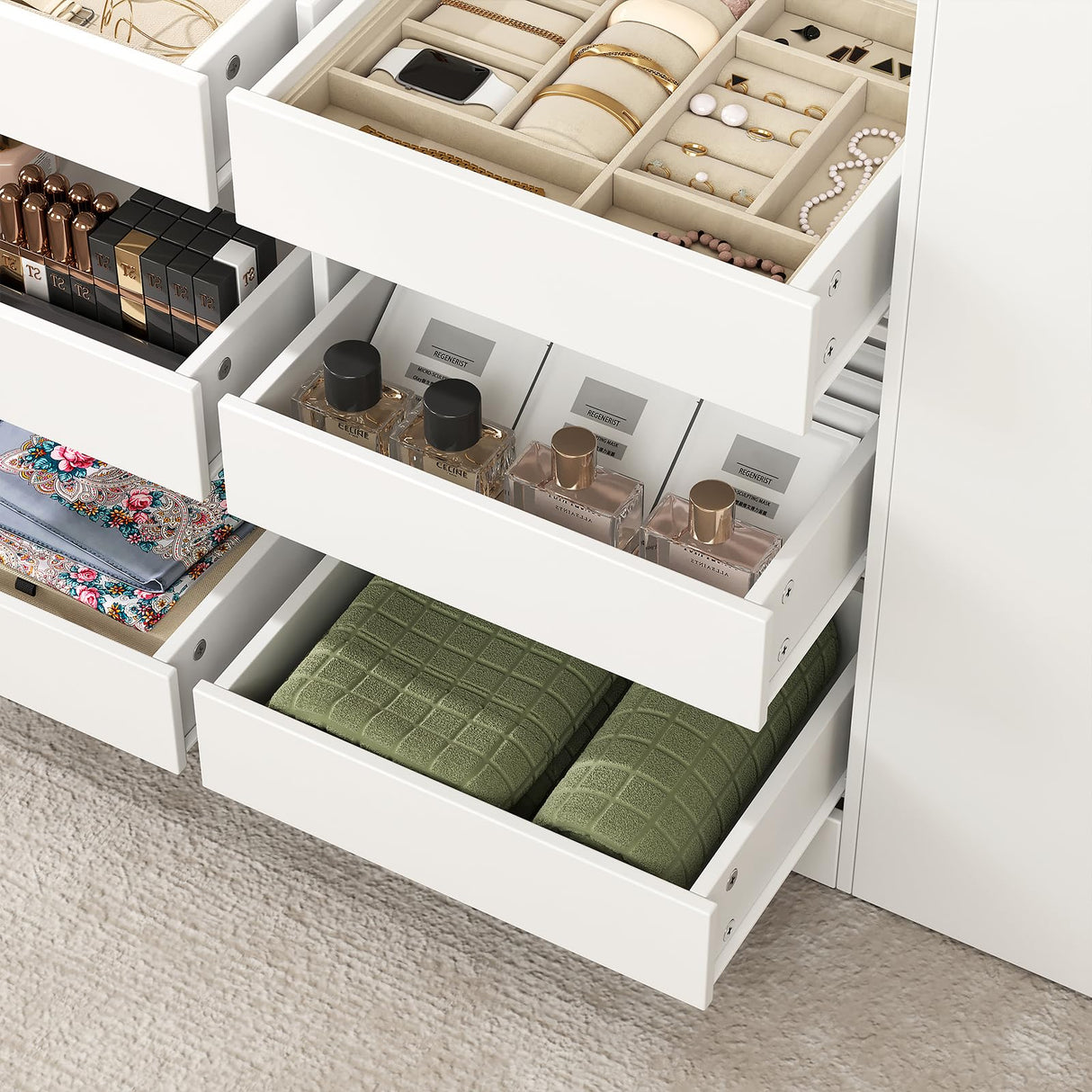 LIVAUVEAD Closet Island with Drawers, Wardrobe Armoire Bedroom Island, Glass Display Shelf & 15 Drawers, White Dresser with Glass Top, Walk-in Closet Island for Bedroom, Cloakroom LIVAUVEAD