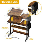 DWVO Height Adjustable Drawing Desk with Charging Station & Wheels, Rolling Craft Table with Tilting Top and Storage Bag, Small Standing & Sitting Laptop Computer Desk (Brown) DWVO