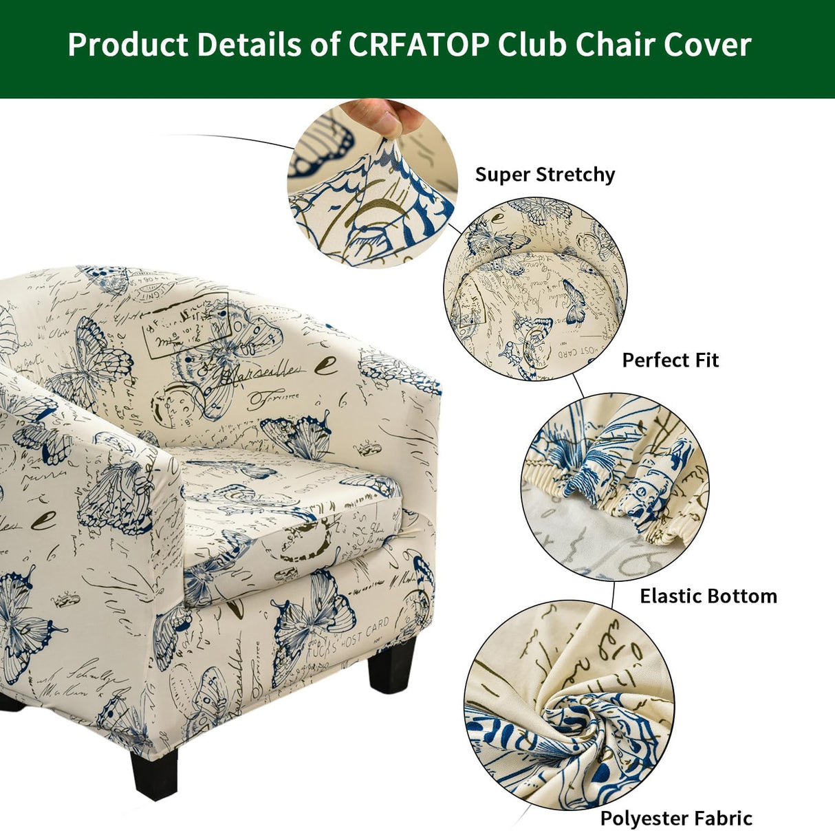 CRFATOP 2 Piece Club Chair Slipcover Printed Tub Chair Slipcover Armchair Soft Printed Round Barrel Chair Covers with Elastic Bottom for Bar Counter Living Room, Butterfly CRFATOP