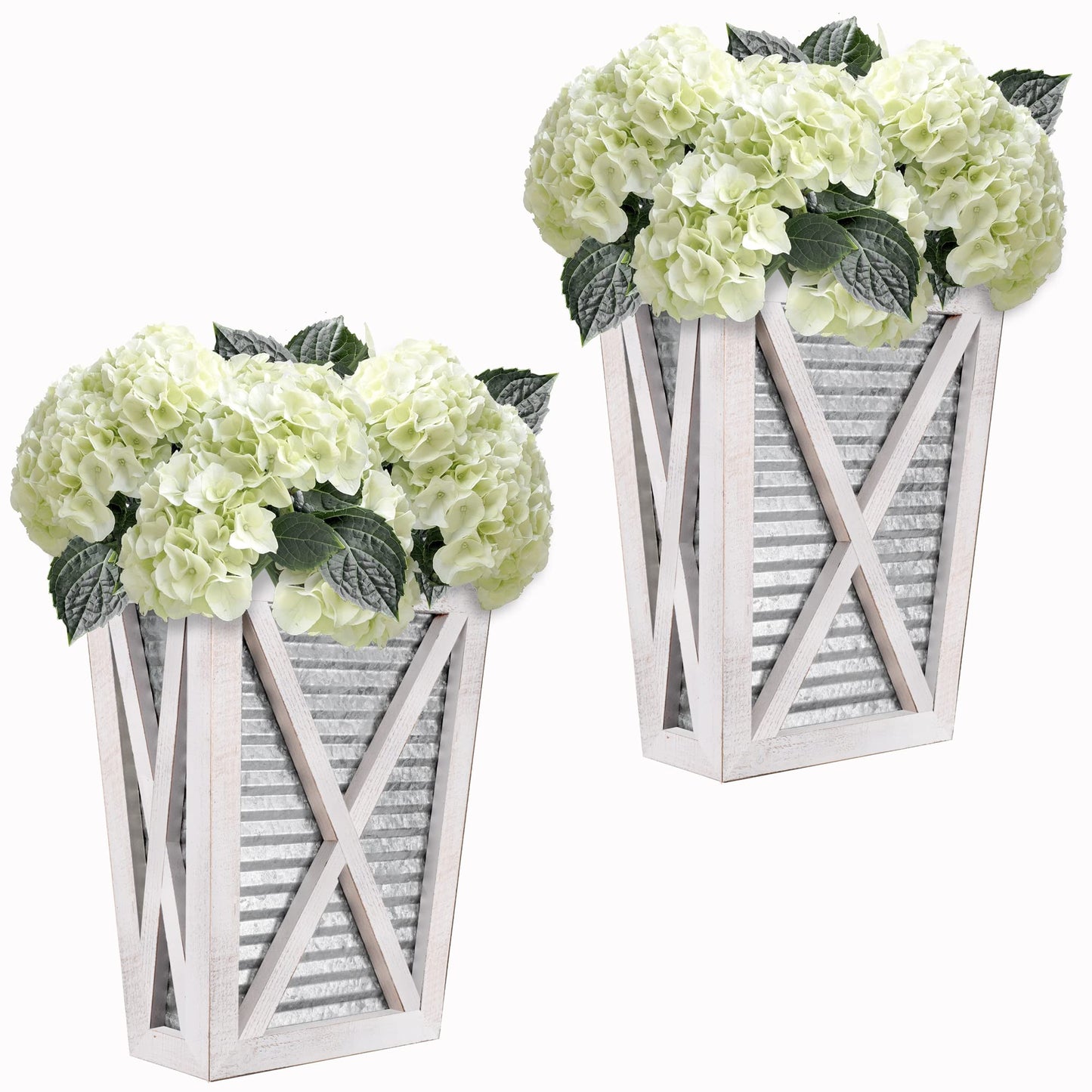 Autumn Alley Large Rustic Farmhouse Wall Planter Set of 2, Farmhouse Decor Wall Hangings for Wall Planter Indoor, Galvanized, Corrugated Metal, Wooden, White - Flowers Not Included - WoodArtSupply