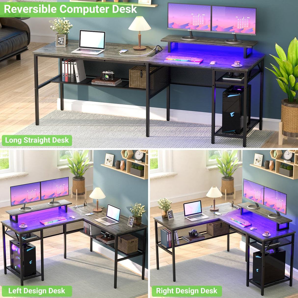 Unikito 55 Inch L Shaped Computer Desk with Power Outlets, Smart LED Lights & Unique Grid Design Unikito