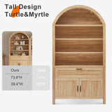 Turtle&Myrtle 73" H Large Arched Bookshelf，5-Tier Arch Bookcase with Doors，Mid Century Modern Book Shelf with Drawers，Wood Bookshelf w/Open Display Shelves for Living Room, Office (Natural) Turtle&Myrtle