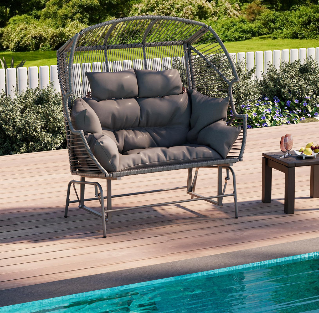 ECOTOUGE Patio Double Egg Chair, Indoor Outdoor Oversized Loveseat, 2 Person Extra Large Wicker Lounge Rocking Glider Chairs w/Thicken Padded Cushions and Pillow for Garden Balcony Sunroom, Grey ECOTOUGE