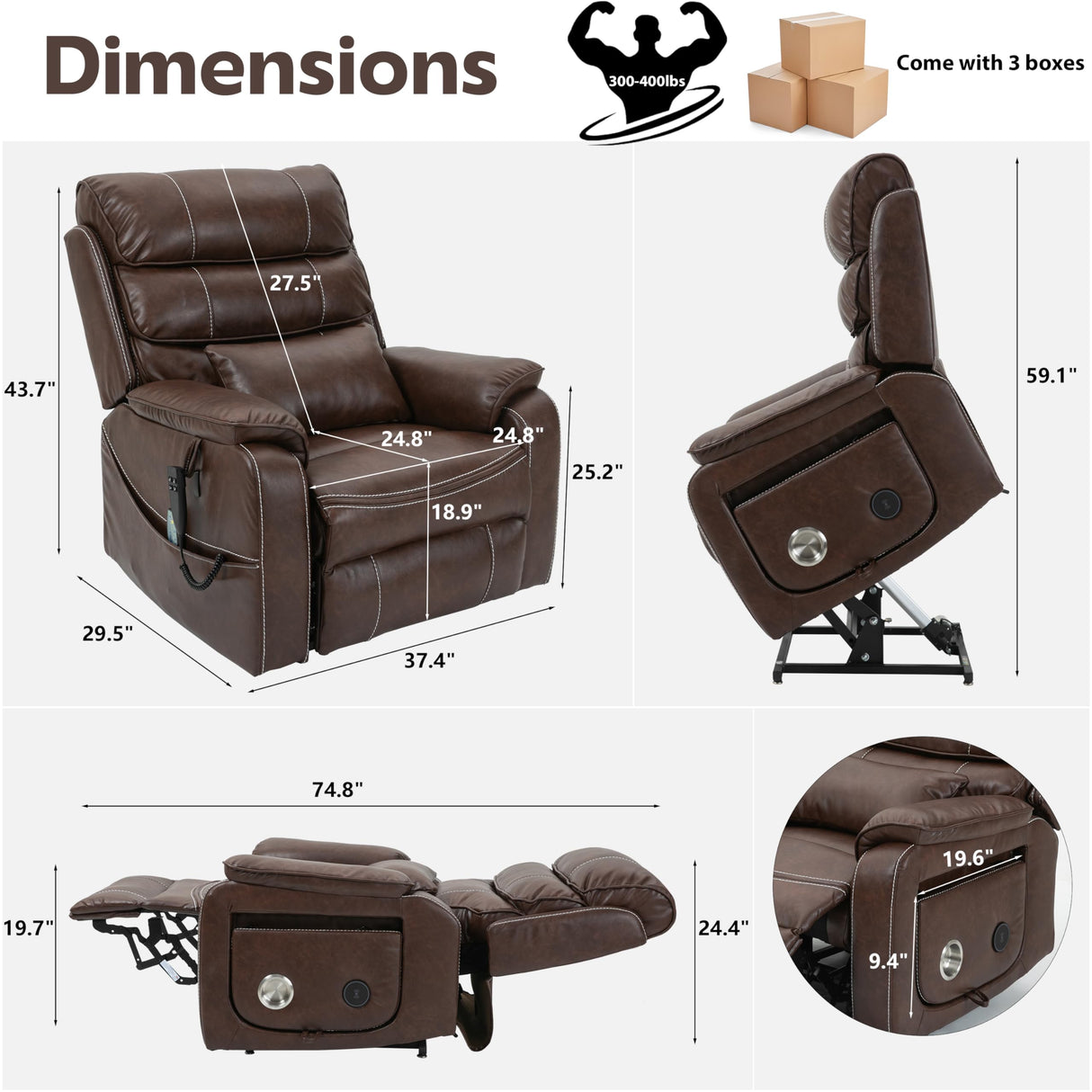 JIKFRIMA Power Lift Recliners Chairs for Elderly Adults Lay Flat Recliner with Heat & Massage, Wireless Charging Device, USB Ports, Cup Holder, Lumbar Pillow, 400Lbs（Faux Leather,Dark Brown） JIKFRIMA