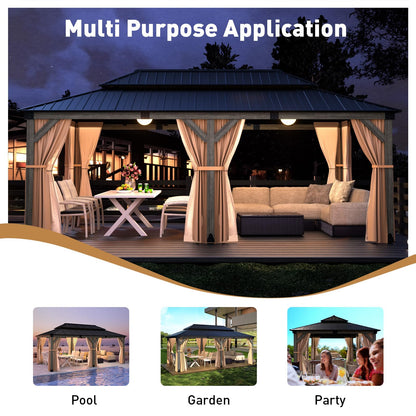 COSIEST 12' X 20' Cedar Wood Gazebo, Outdoor Wooden Gazebo with Double Metal Roof, Netting & Curtains, Hardtop Gazebo for Patio Garden Backyard Pavilion, Grey - WoodArtSupply