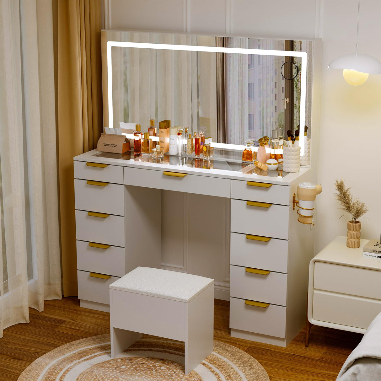 Pamapic 11 Drawers Vanity Desk with Golden Handles, Upgraded Silent Slides Vanity Mirror with Lights, 3 Lighting Modes Glass Top Makeup Vanity with Chair and Portable Mirror, Charging Station Pamapic