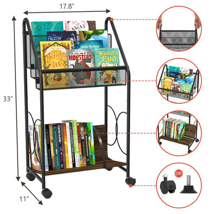 VyGrow Bookshelf, 4-Tier Metal & Wood Rolling Book Cart on Wheels, Record Cabinet for Book Magazine Turntable, Record Holder Up to 100 Albums, Multifunction Utility Cart, Black