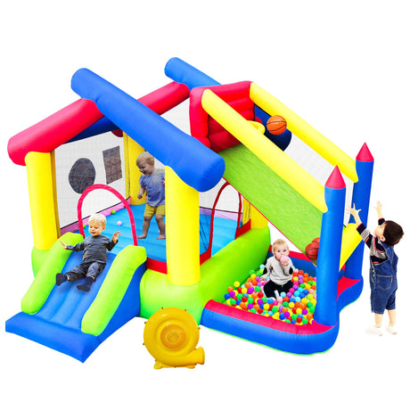WELLFUNTIME Inflatable Bounce House with Slide, Jumping Castle with Blower and Ball Pool, Basketball Game, Dart Target Game WELLFUNTIME