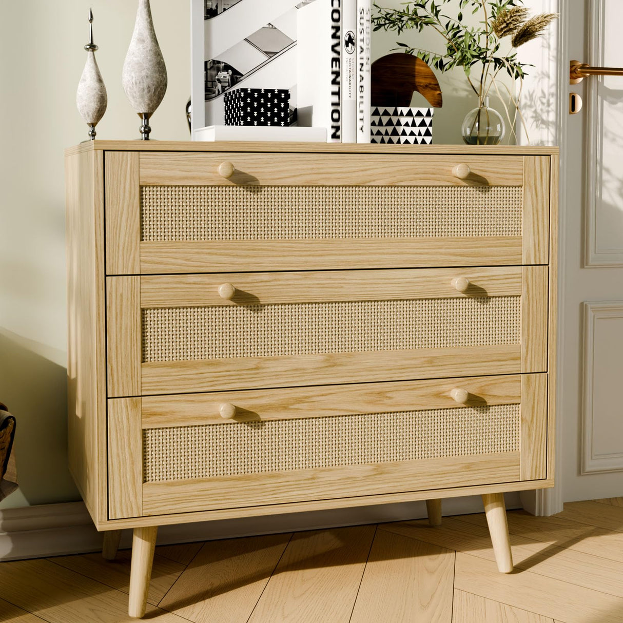 FURNIinspire 3 Drawer Dresser for Bedroom, Boho Dresser Chest with Handles for Bedroom Hallway Living Room FURNIinspire