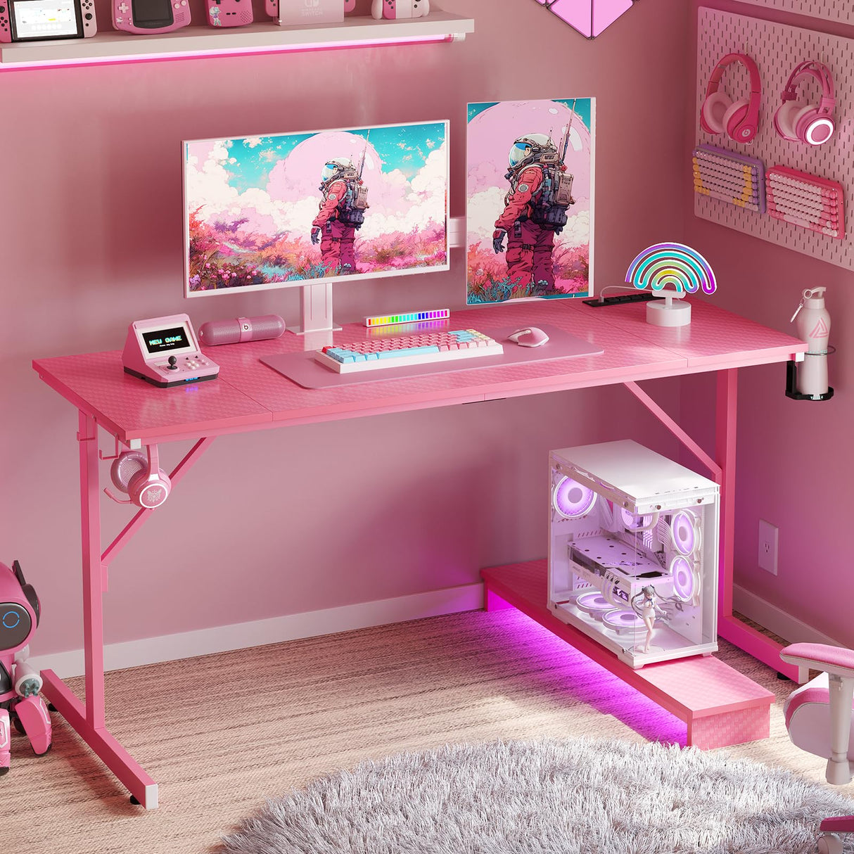 Bestier 52 Inch Gaming Desk with Power Outlets and USB Charging Ports, LED Small Computer Desk with Monitor Stand, Home Office Desk with Cup Holder & Headset Hooks, Desk for Office, Carbon Fiber Pink Bestier