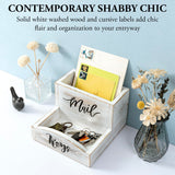 MyGift Shabby Whitewashed Solid Wood Mail Holder and Key Organizer Entryway Storage Tray with Cursive Mail and Keys Word Design, Office Desktop Organizing Bin MyGift