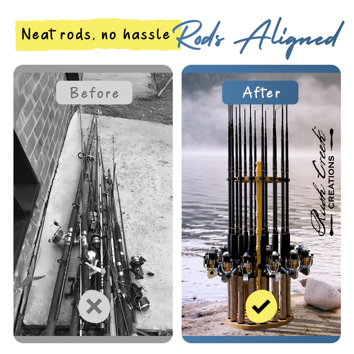 Rush Creek Creations Round 16 Fishing Rod Storage Rack - Features Traditional Handcrafted Wood Post - No Tool Assembly, Wood Grain Laminate Rush Creek Creations