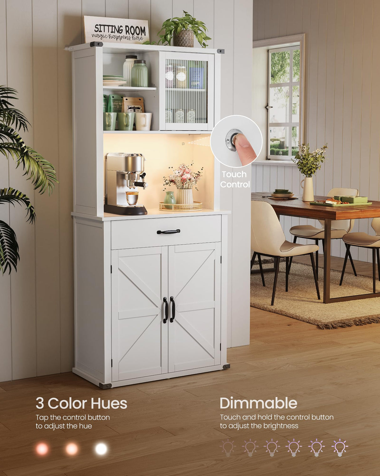 VASAGLE 71" Pantry Cabinet with Lights and Charging Station, Kitchen Pantry Cabinet with Doors and Drawer, Farmhouse Storage Cabinet, Coffee Bar VASAGLE