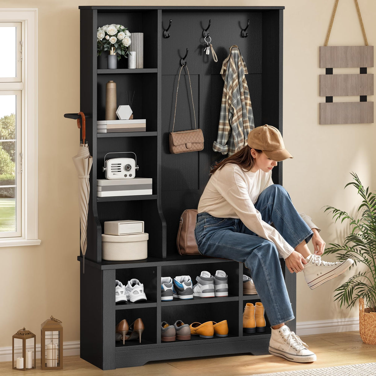 DWVO 39" Hall Tree with Bench and Shoe Storage, 6 Shoe Cubbies & 5 Coat Hooks, 4 Side Storage Cubbies, Entryway Bench with Coat Rack for Entryway Hallway Bedchamber Narrow, Adjustable Shelf (Black) DWVO