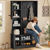 DWVO 39" Hall Tree with Bench and Shoe Storage, 6 Shoe Cubbies & 5 Coat Hooks, 4 Side Storage Cubbies, Entryway Bench with Coat Rack for Entryway Hallway Bedchamber Narrow, Adjustable Shelf (Black) DWVO