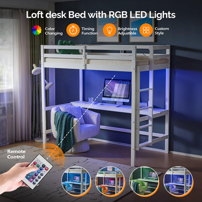 VINGLI Junior Loft Bed with Desk, Wood Loft Bed Twin Size with RGB LED for Adults, 2 Charging Station on High Guardrail and Desk,Wood Slat Support, White