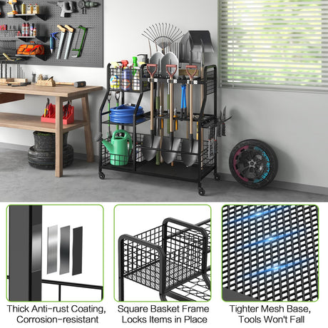 keomaisyto Garden Tool Organizer with Heavy Duty Wheels for Garage - with 2 Baskets, Large Yard Tool Organizer and Storage Holder, Utility Garden Tool Rack for/Shed/Garage/Yard/Basement/Lawn keomaisyto