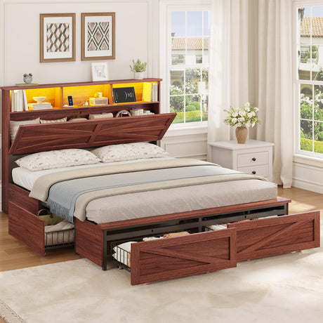 VIAGDO Full Size Bed Frame with 6 Drawers, Farmhouse Bed Frame with Barn Door Headboard and Storage, Wood Platform Bed Frame Full Size with Charging Station and LED Lights, No Box Spring Needed, Brown VIAGDO