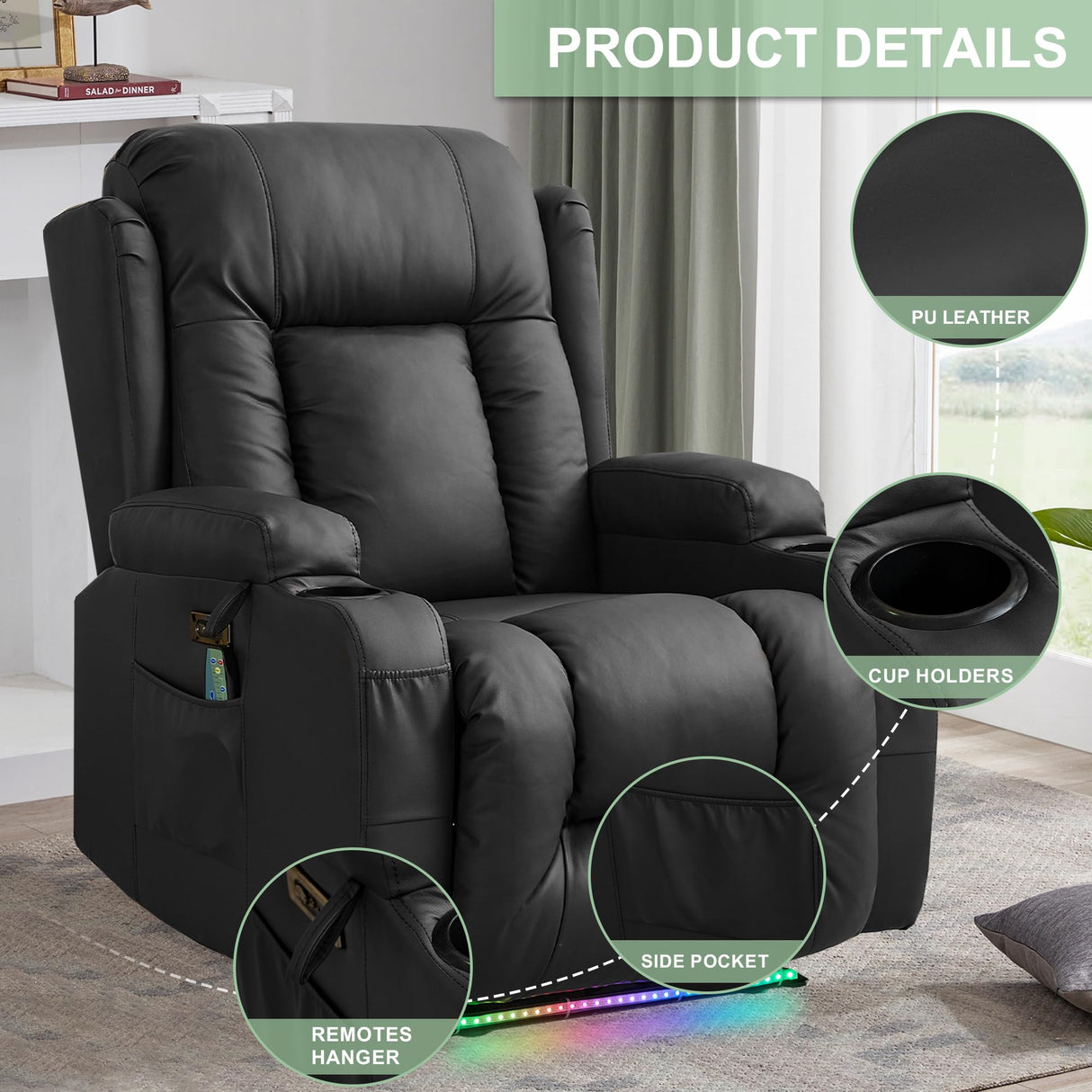 TUNYI Power Recliner Chair with Massage & Heat, Faux Leather Reclining Sofa with LED Light, Home Recliner Theater Seating with USB Port/Lumbar Pillow/Cup Holder/Side Pocket (Black, 1PC) TUNYI