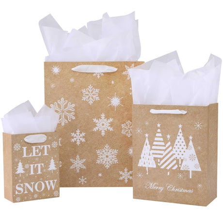 SUNCOLOR 9 Pack Christmas Gift Bags Assorted Sizes With Tissue paper (3 Large 13", 3 Medium 9", 3 Small 6", Brown&White) SUNCOLOR